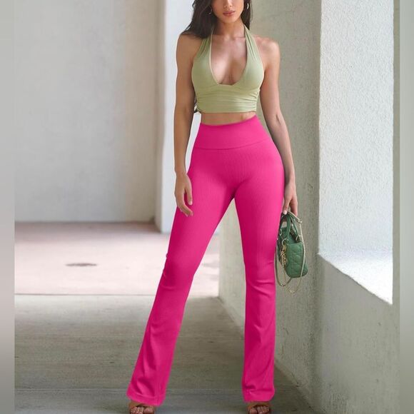 Women’s Yoga Pants Ribbed Seamless High Waist Bell Bottoms Flare Leggings Size M - Picture 1 of 5